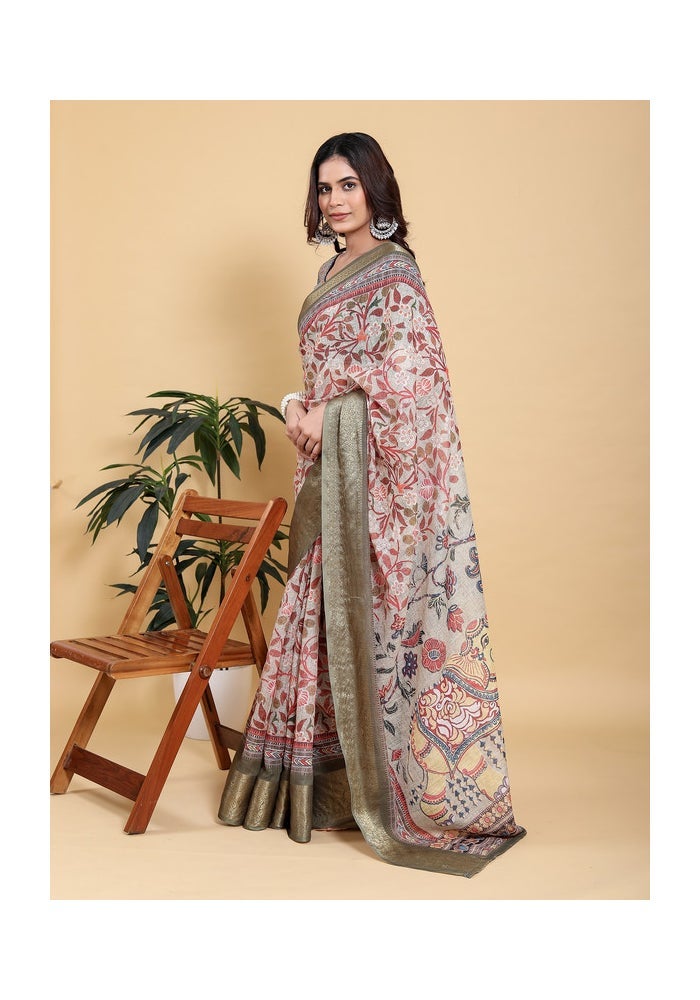 Malishka Export ساري كالمكاري مطبوع باللون البيج الأنيق للنساء - Image 3
